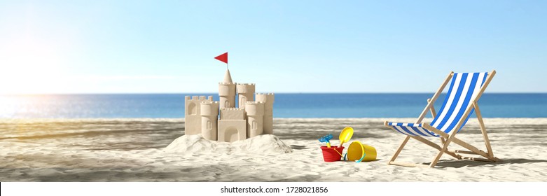 Sandcastle on the beach on vacation during summer vacation on the Baltic Sea or North Sea (3D Rendering)