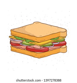 Sandwich With Cheese, Tomato, Ham And Salad. Colorful Hand Drawn Illustration With Sandwich On White Background