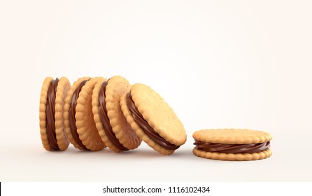 Sandwich cookies with chocolate fill, 3d illustration for biscuit package design.