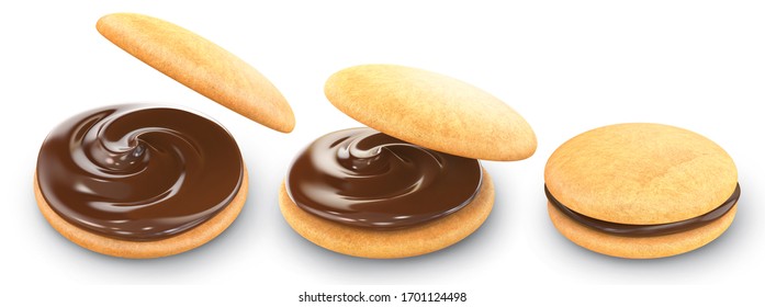 Sandwich cookies with chocolate filled, 3d illustration for biscuit package design.