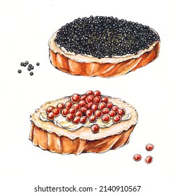 Sandwiches with red and black caviar, Watercolor hand drawn illustration, isolated on white background