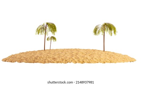 Sandy Island With Palm Trees Isolated On A White Background. Piece Of Round Beach With Sand. Tropical Island, 3d Render.