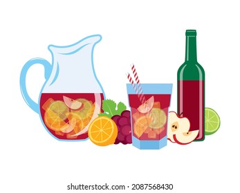 Sangria drink red wine with fruits illustration. Jug with sangria icon set isolated on a white background. Traditional spanish drink sangria still life illustration