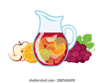 Sangria in a glass jug and with fruits illustration. Traditional spanish drink sangria still life illustration. Sangria pitcher red wine and fruits icon isolated on a white background