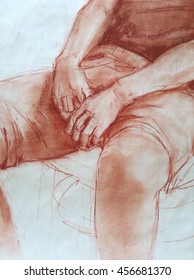 Sanguine Drawing Of Hands On A Paper