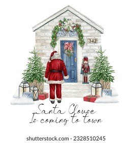 Santa back, Christmas blue front door, Winter holiday door scene , Watercolor outdoor Xmas decoration with Xmas tree, nutcracker, lantern, wreath, present boxes. Santa Claus is coming to town - Powered by Shutterstock