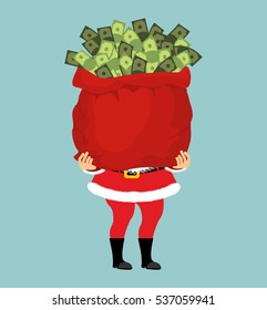 Santa And Bag Of Money. Christmas Gift Cash. Red Sack With Dollars
