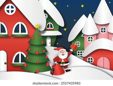 Santa Claus arrives in a snowy village, gifts in tow, flying over twinkling rooftops. A festive paper-cut style brings this magical Christmas scene to life with vibrant colors and holiday cheer. - Powered by Shutterstock