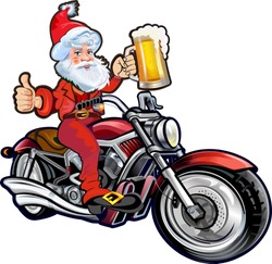 Santa Claus Biker On The Motorcycle With Mug Of Beer