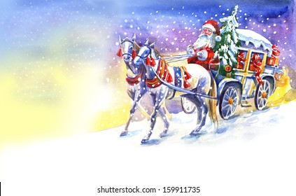 Santa Claus In A Carriage  With Horse .  Watercolor Painting.