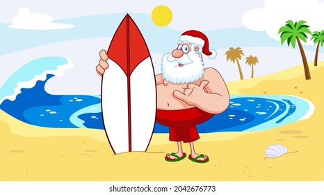 Santa Claus Cartoon Character With A Surfboard On The Beach Giving A Thumb Up. Raster Hand Drawn Illustration With Landscape Background - Powered by Shutterstock