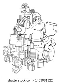 Santa Claus Checking Christmas Naughty Or Nice Gift List Or Writing Letter To Child Cartoon Scene Coloring Outline Illustration