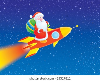 Santa Claus with Christmas gifts flying on a rocket  - Powered by Shutterstock