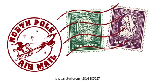 Santa Claus Christmas Letter Postage Stamps And Post Mark Or Postmark Reading North Pole Air Mail. With Father Christmas And His Sled Or Sleigh. Stamps In A Retro Vintage Woodcut Style.