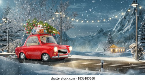 Santa claus in Cute little retro car with decorated christmas tree on top goes by wonderful countryside road. Unusual christmas 3d illustration