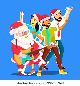 Santa Claus Dancing With Group Of People And Guitar In Hands. Having Fun At Corporate Office. Christmas Party Poster Illustration