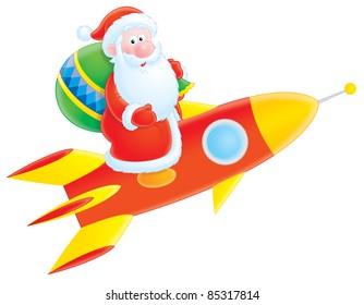 Santa Claus flying on a rocket with Christmas gifts - Powered by Shutterstock