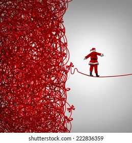 Santa Claus Freedom And Holiday Management Gift Giving Crisis As A Concept With Santaclause As A Tightrope Walker Walking Out Of A Confused Tangled Chaos Of Red Ribbons Escaping Christmas Stress.