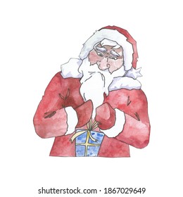 Santa claus is getting ready for christmas. New Year. ties a bow on a gift. Watercolor and liner.
