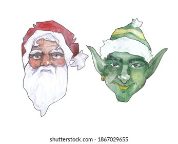 Santa claus head and evil green elf head are getting ready for christmas. New Year. Watercolor and liner.