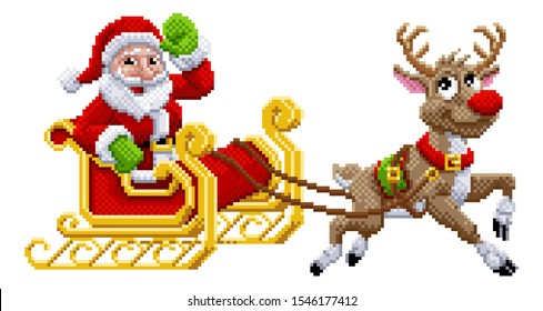 Santa Claus and his Christmas reindeer sleigh in an 8 bit pixel art video game style