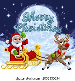 Santa Claus and his reindeer sleigh scene with merry Christmas message in 8 bit pixel art video game style