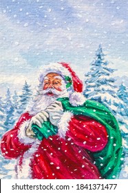 Santa Claus holding a bag with presents. Gifts for Christmas. Cold winter season with snow. Watercolor painting.