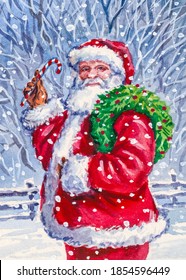 Santa Claus holding a Candy cane. Christmas celebration. Cold winter season with snow. Watercolor painting.