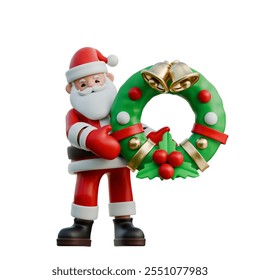 Santa Claus holding a Christmas wreath 3D Christmas Illustration