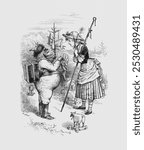 Santa Claus and Little Bo Peep (1879) by Thomas Nast. Vintage Santa Claus art drawing, old Chrsitmas  illustration isolated on white, Santa Claus art print.