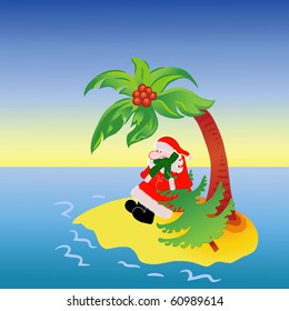 Santa Claus lost tropical island and Christmas tree