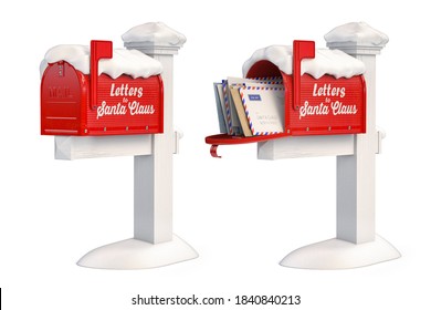 Santa Claus Mailbox Full Of Children Letters Isolated On White. Christmas And New Year Winter Concept Background. 3d Illustration