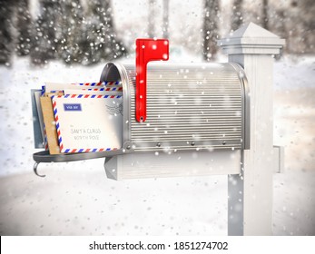 Santa Claus Mailbox Full Of Children Letters. Christmas And New Year Winter Concept Background. 3d Illustration