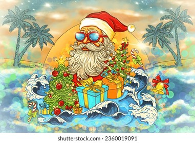 Santa Claus on the beach. Christmas in July, summer, vacation, resort, warm climate theme for posters, greeting cards. - Powered by Shutterstock