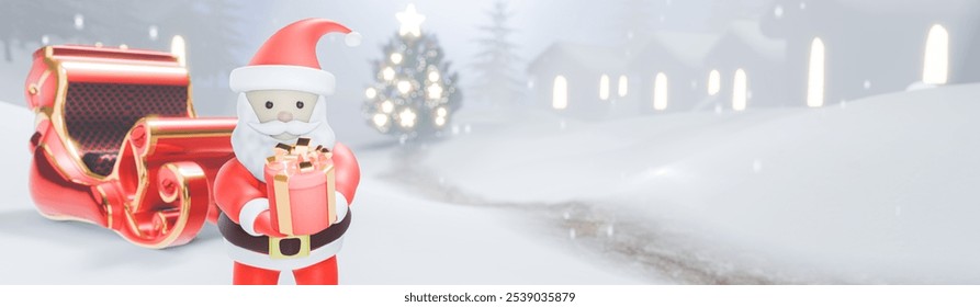 Santa Claus on Christmas Eve or Holiday with Gift Box and Sleigh on Snowy Night. Village in the middle of the pine forest celebrating the festival with illuminated fir tree and Gift Box. 3D Rendering - Powered by Shutterstock