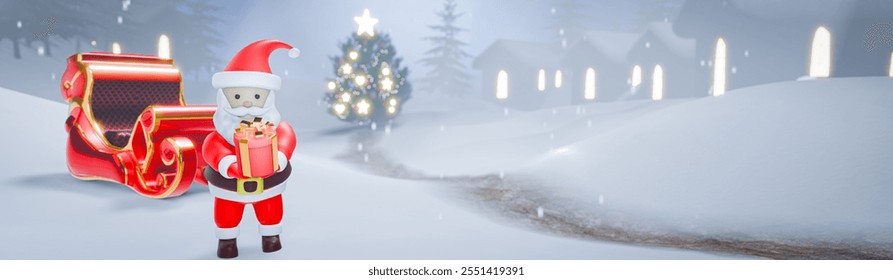 Santa Claus on Christmas Eve or Holiday with Gift Box and Sleigh on Snowy Night. Village in the middle of the pine forest celebrating the festival with illuminated fir tree and Gift Box. 3D Rendering - Powered by Shutterstock