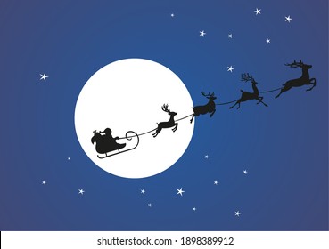 Santa Claus On A Sleigh In The Sky With Reindeer On The Background Of The Moon