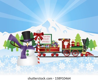 Santa Claus on Vintage Train with Winter Snow Scene with Snowman House Trees and Stop Sign Raster Illustration - Powered by Shutterstock