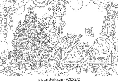 Santa Claus putting gifts under a Christmas tree - Powered by Shutterstock