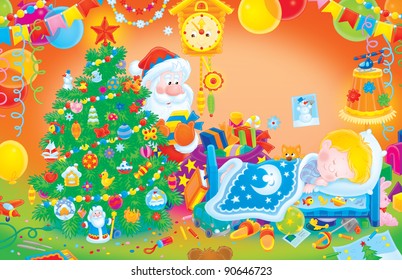 Santa Claus putting gifts under a Christmas tree - Powered by Shutterstock