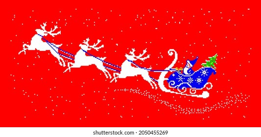 Santa Claus in a reindeer sleigh,pixel art, Christmas red banner. High quality illustration