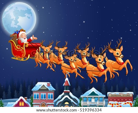 Santa Claus Riding His Reindeer Sleigh Stock Illustration 519396334 ...