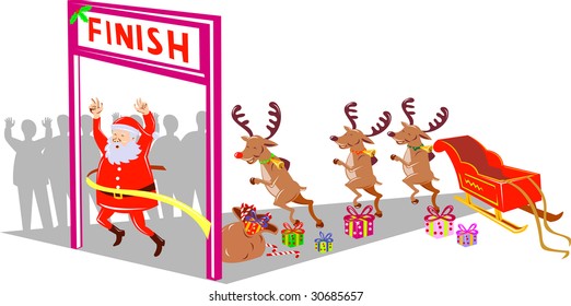 Santa Claus And Rudolph The Red Nosed Reindeer Crossing The Finish Line Of A Race