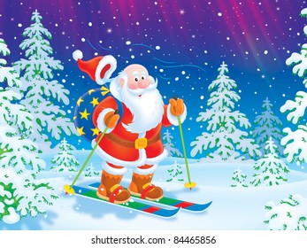 Santa Claus skiing with a sack of Christmas gifts through a snowy forest - Powered by Shutterstock