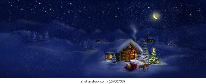 Santa Claus with sledge, presents and deers by log cabin with Christmas tree, scenic village panorama. Copy space, illustration - Powered by Shutterstock