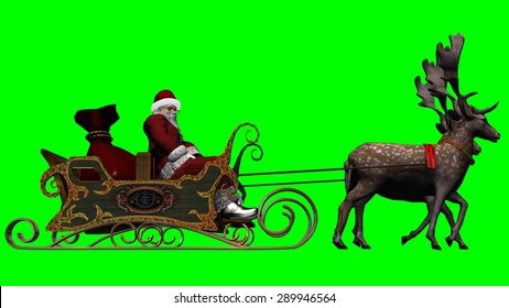 Santa Claus With Sleigh And Reindeer - Green Screen