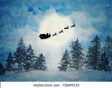 Santa claus with sleigh and reindeer silhouette on a big full moon in the pine forest with starry night and snow background in watercolor painting, design for fantastic happy Christmas holiday
