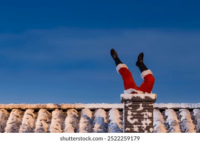 Santa Claus stuck in a chimney on a snowy roof with a view of the night sky and copy space. 3d rendering - Powered by Shutterstock