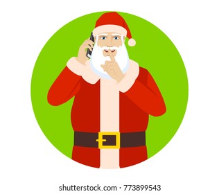 Santa Claus talking on the mobile phone and making hush sign. Portrait of Santa Claus in a flat style. Raster illustration. - Powered by Shutterstock