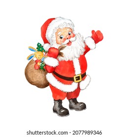 Santa Claus Watercolor illustration. Christmas Santa with a bag of gifts, picture for a Christmas card, Santa Christmas print  - Powered by Shutterstock